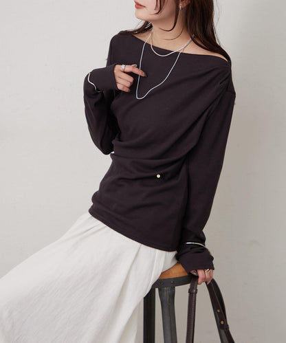 帶吊墜一字肩羅紋長袖T恤