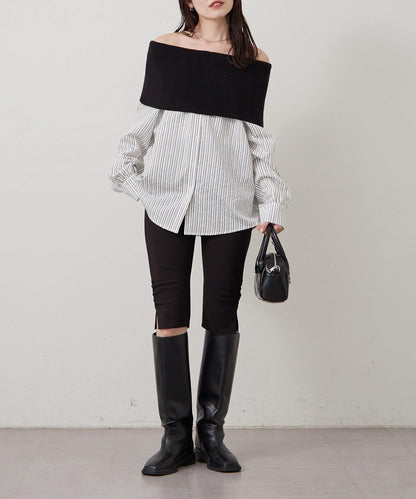 一字肩羅紋條紋襯衫