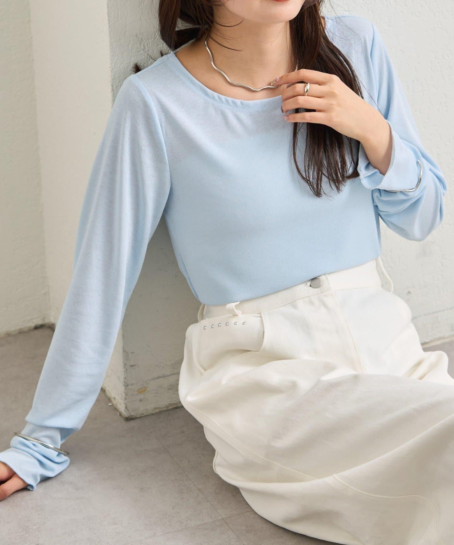 下襬褶皺透視長袖T恤