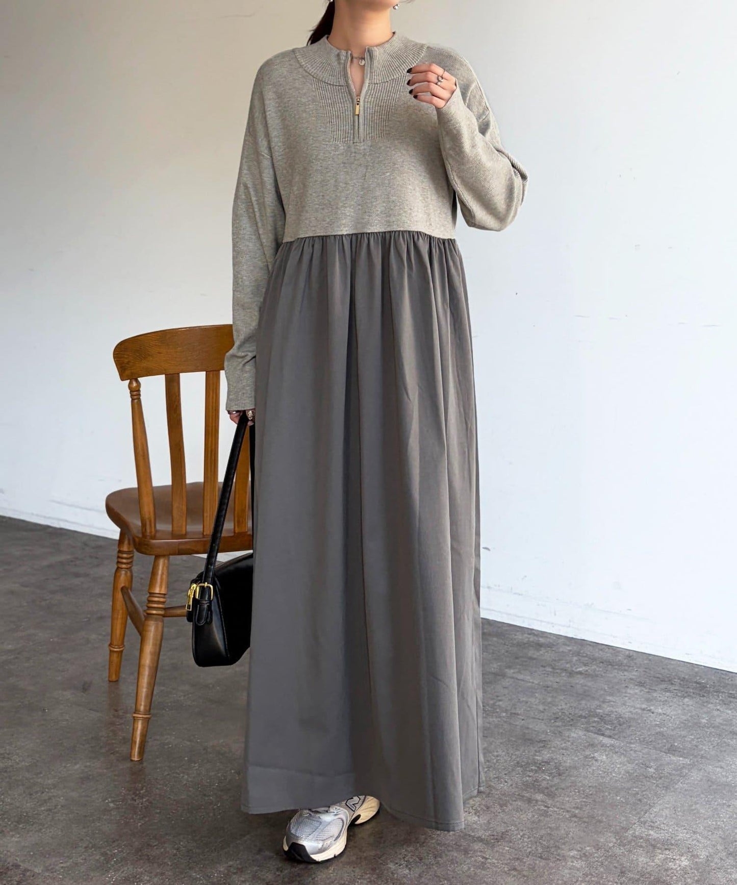 異材質拼接半拉鍊連衣裙