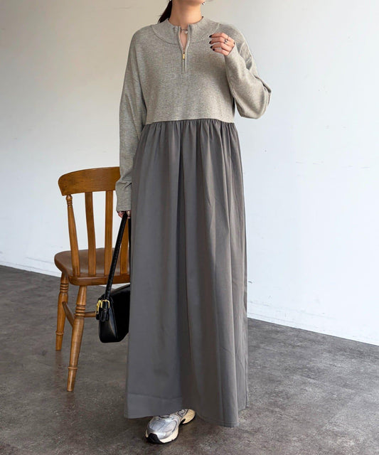 異材質拼接半拉鍊連衣裙