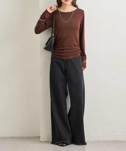 下襬褶皺透視長袖T恤