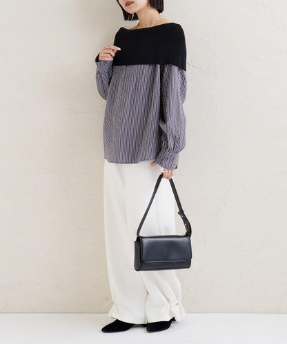 一字肩羅紋條紋襯衫