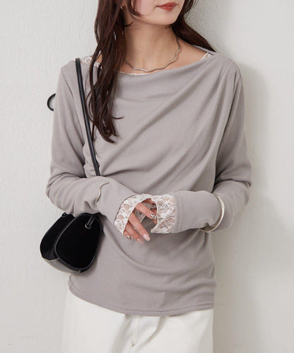 帶吊墜一字肩羅紋長袖T恤