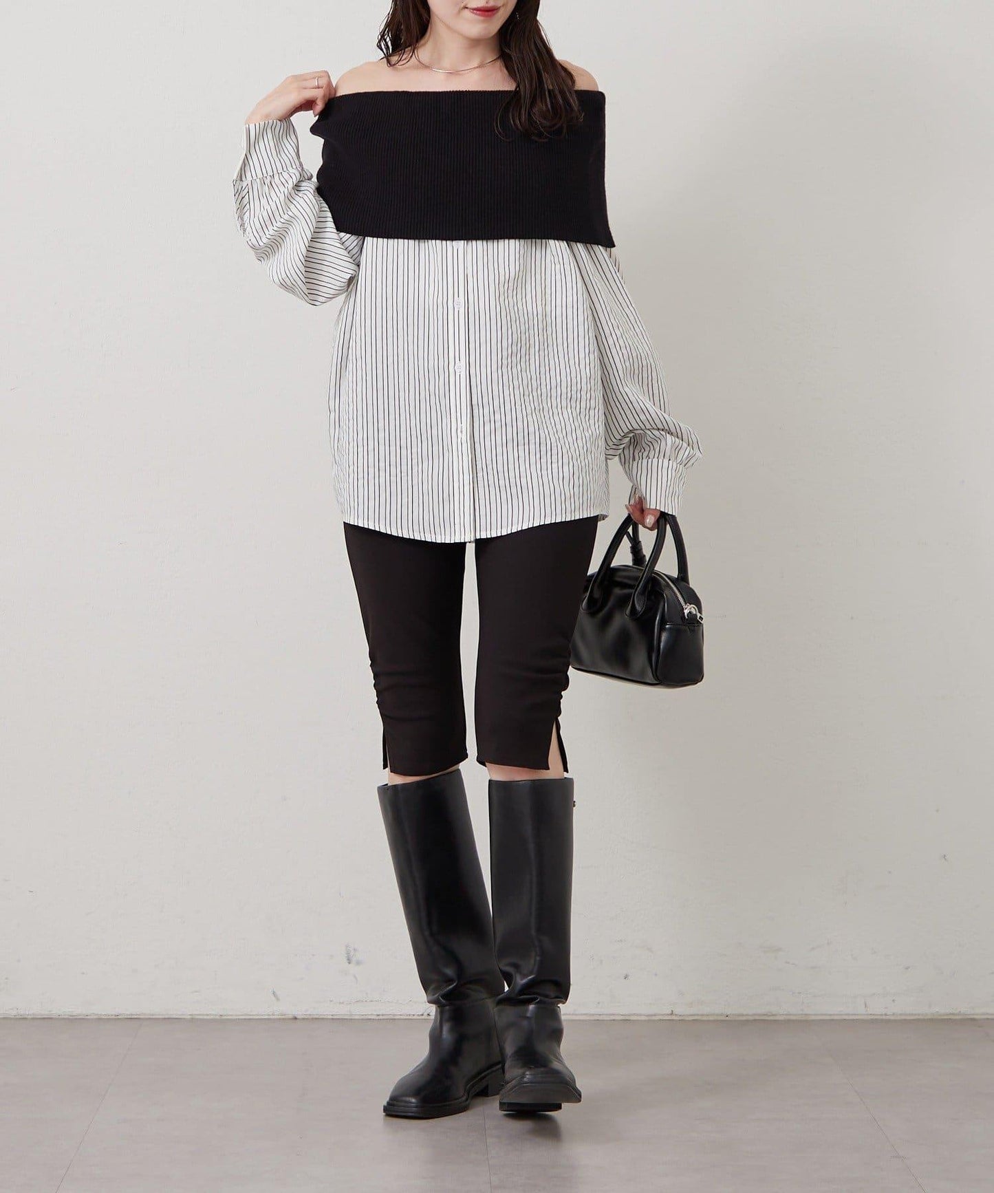 一字肩羅紋條紋襯衫