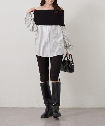 一字肩羅紋條紋襯衫