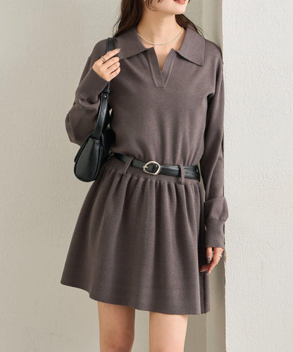 配腰帶針織翻領連衣裙