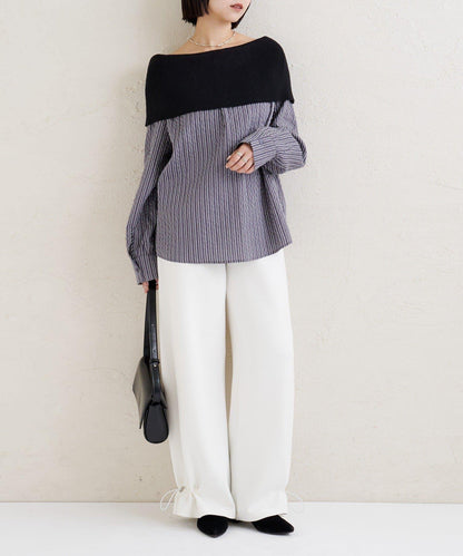 一字肩羅紋條紋襯衫