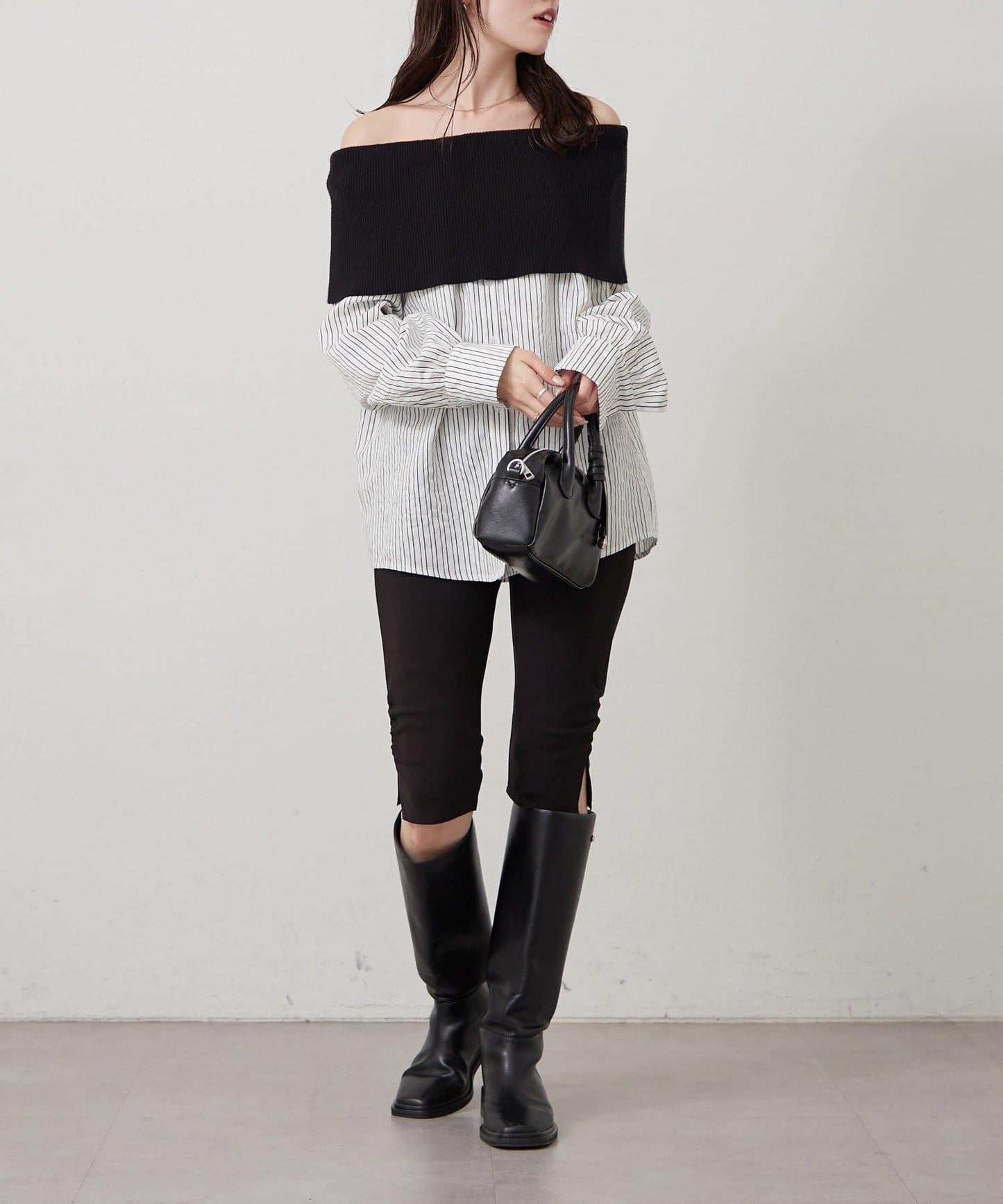 一字肩羅紋條紋襯衫