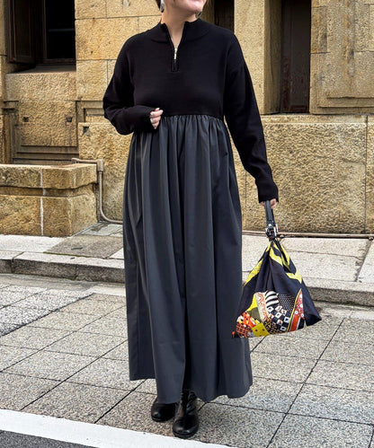 異材質拼接半拉鍊連衣裙