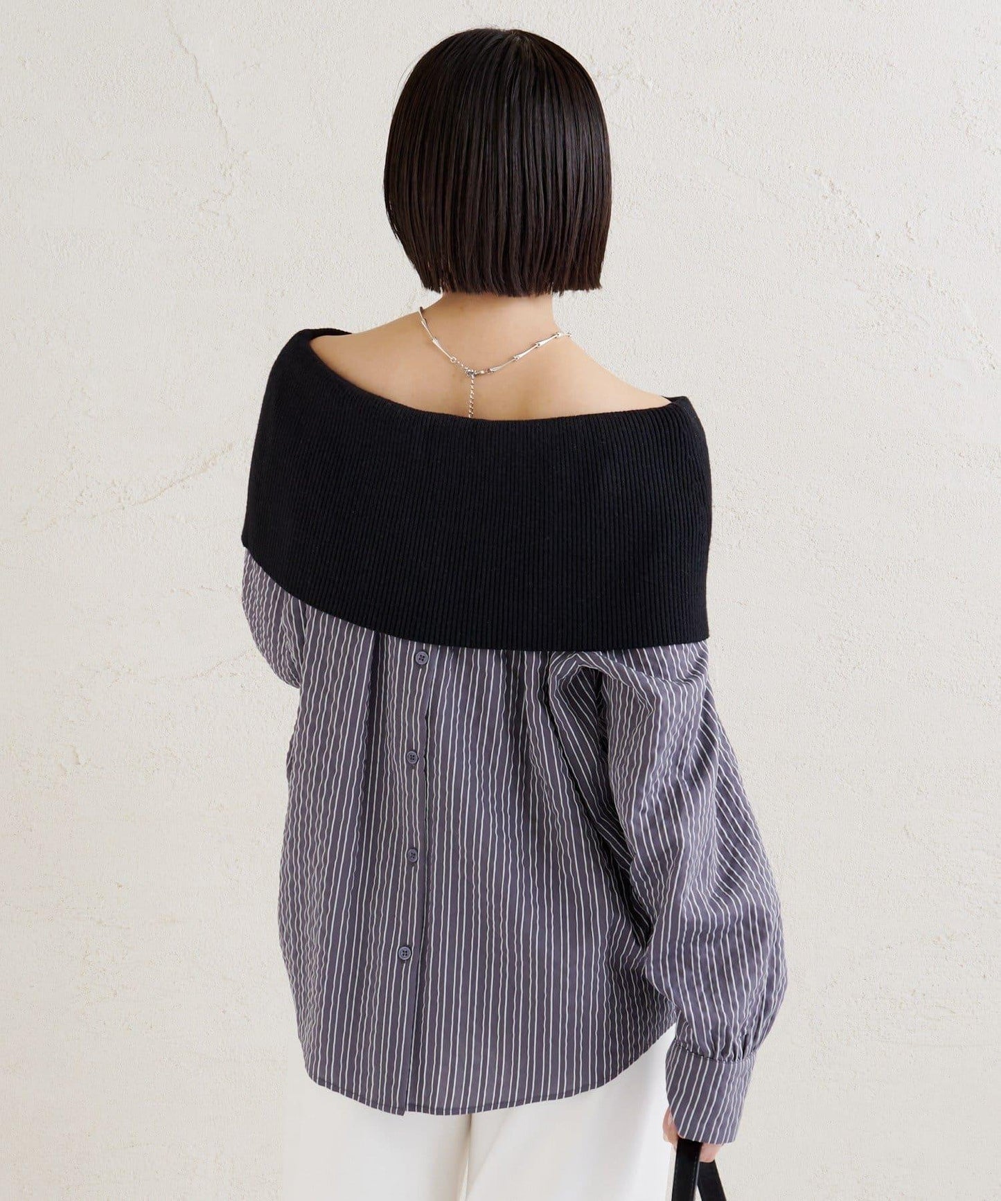 一字肩羅紋條紋襯衫