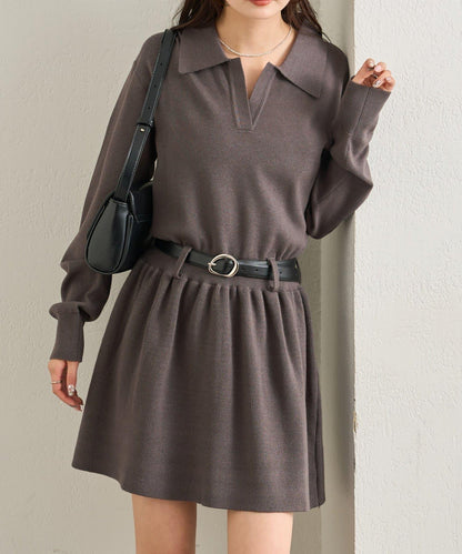 配腰帶針織翻領連衣裙