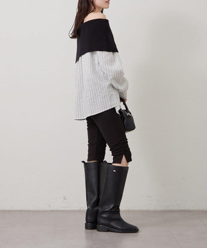 一字肩羅紋條紋襯衫