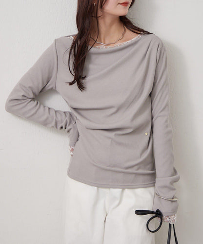 帶吊墜一字肩羅紋長袖T恤