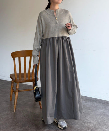 異材質拼接半拉鍊連衣裙