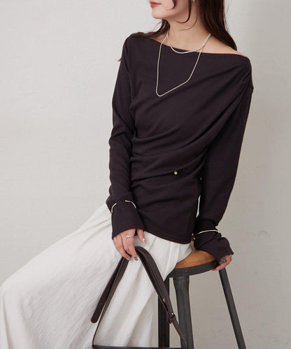 帶吊墜一字肩羅紋長袖T恤