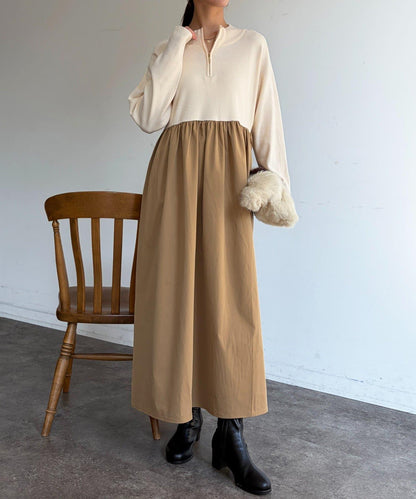 異材質拼接半拉鍊連衣裙