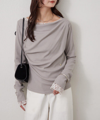 帶吊墜一字肩羅紋長袖T恤