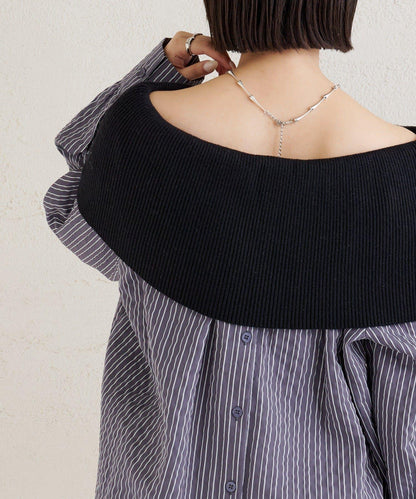 一字肩羅紋條紋襯衫