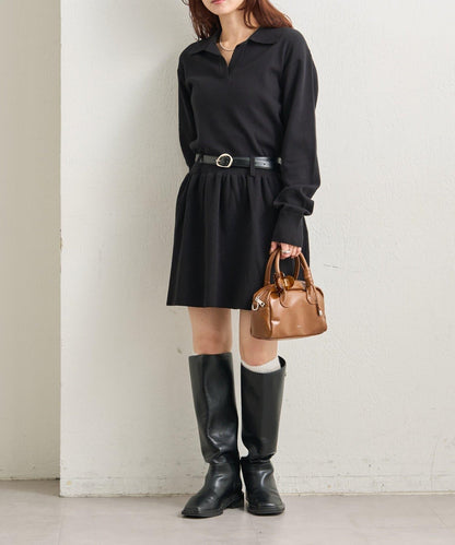 配腰帶針織翻領連衣裙