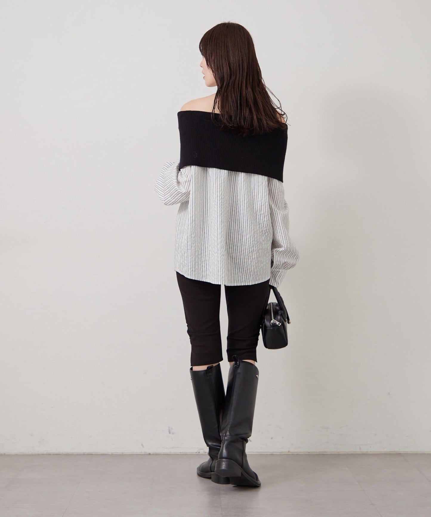 一字肩羅紋條紋襯衫