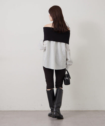 一字肩羅紋條紋襯衫