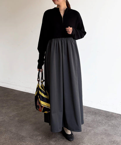 異材質拼接半拉鍊連衣裙