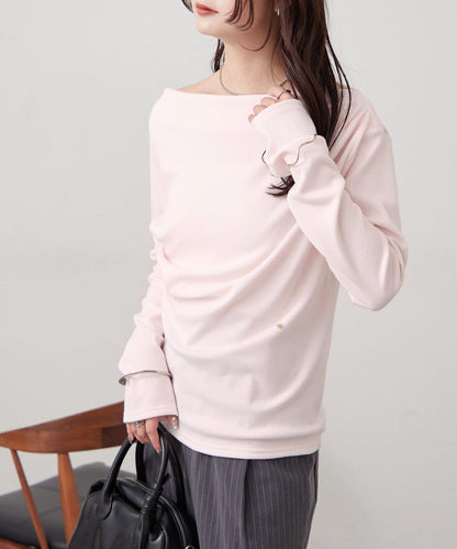 帶吊墜一字肩羅紋長袖T恤