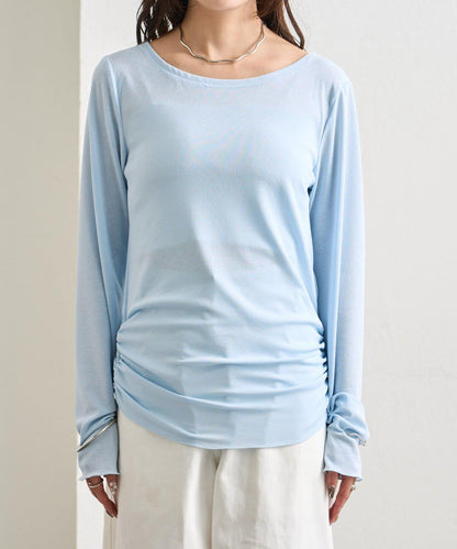 下襬褶皺透視長袖T恤