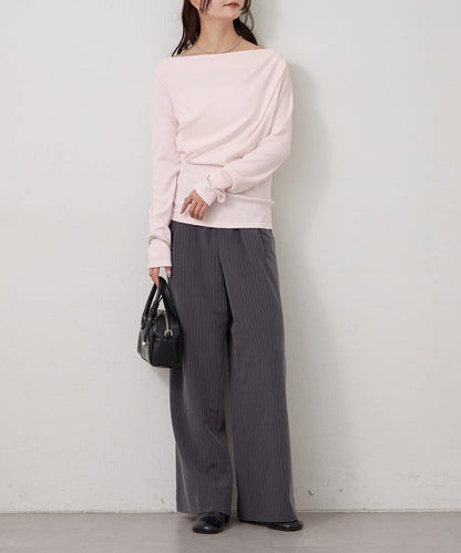 帶吊墜一字肩羅紋長袖T恤