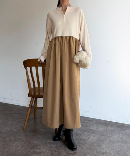 異材質拼接半拉鍊連衣裙