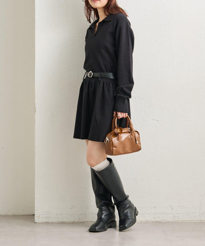 配腰帶針織翻領連衣裙