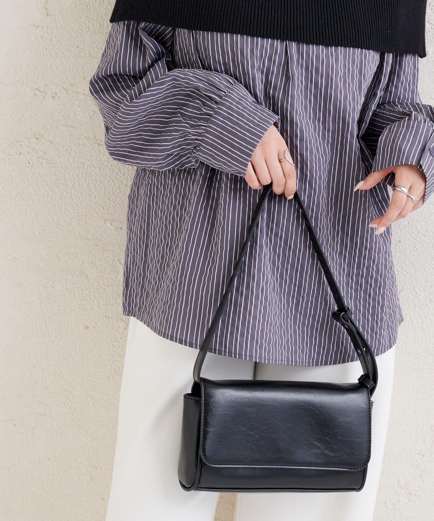 一字肩羅紋條紋襯衫