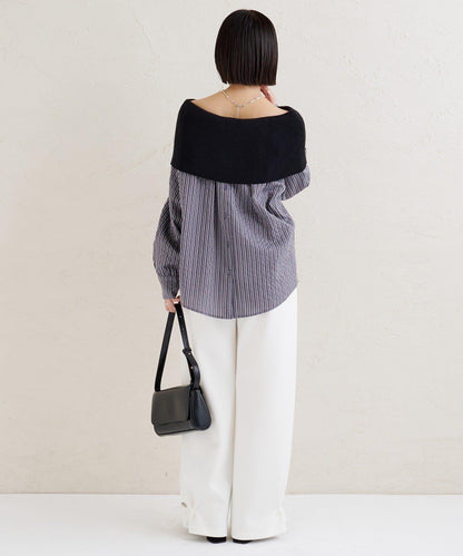 一字肩羅紋條紋襯衫