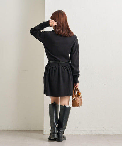 配腰帶針織翻領連衣裙