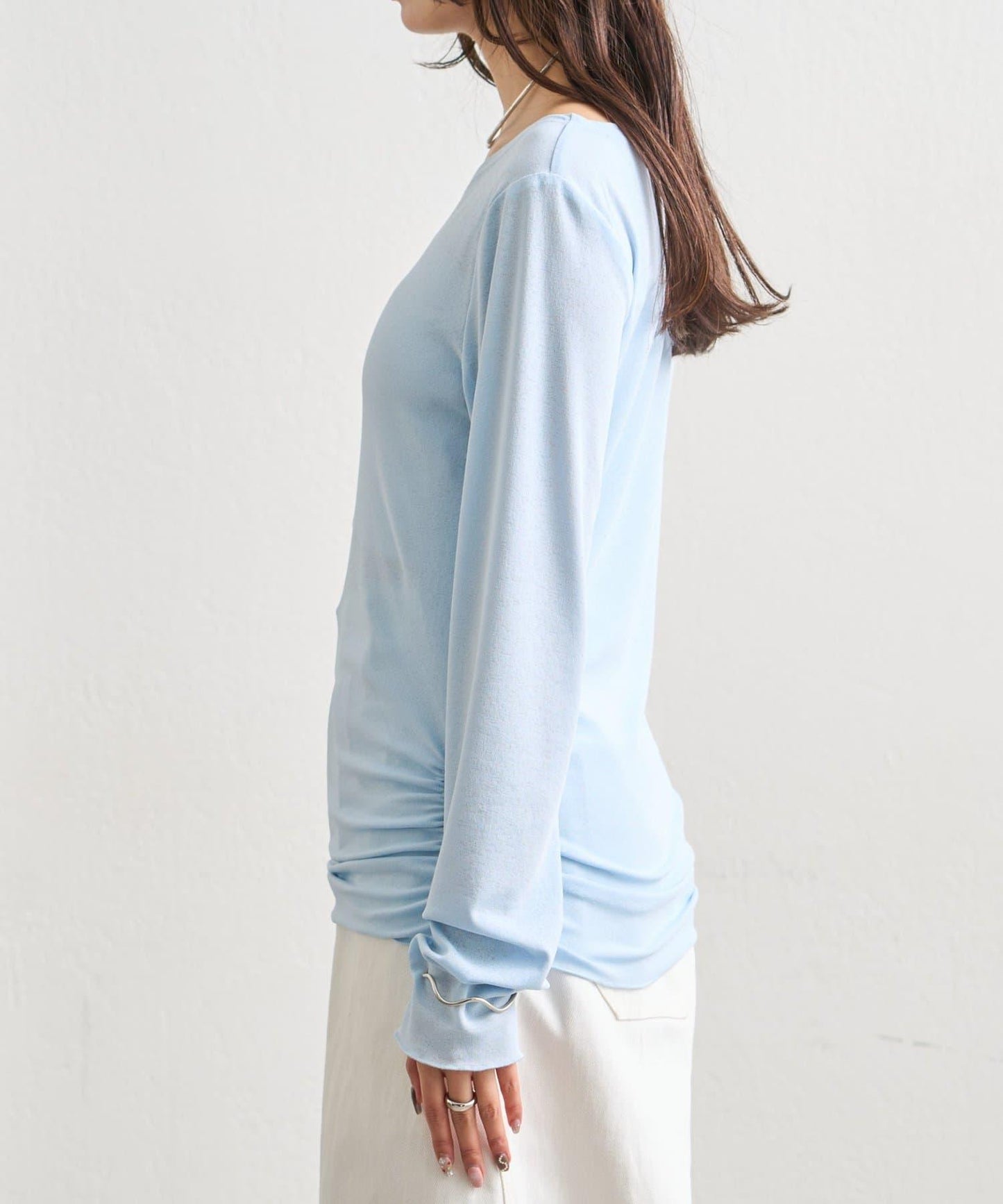 下襬褶皺透視長袖T恤