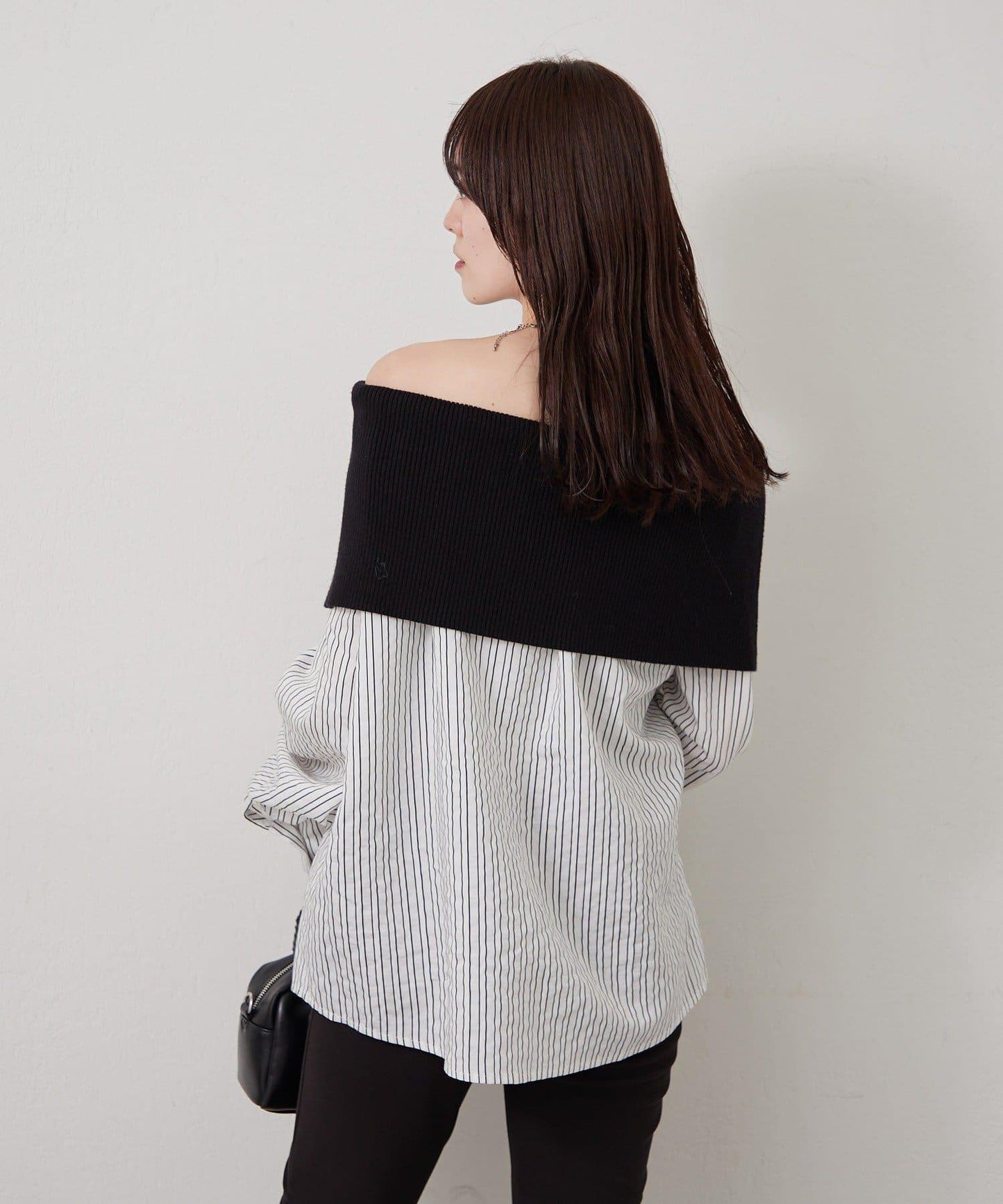 一字肩羅紋條紋襯衫