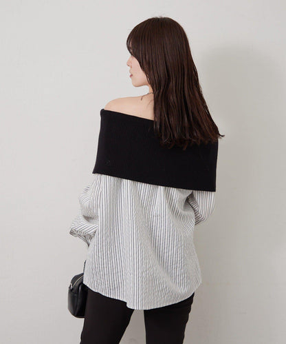 一字肩羅紋條紋襯衫