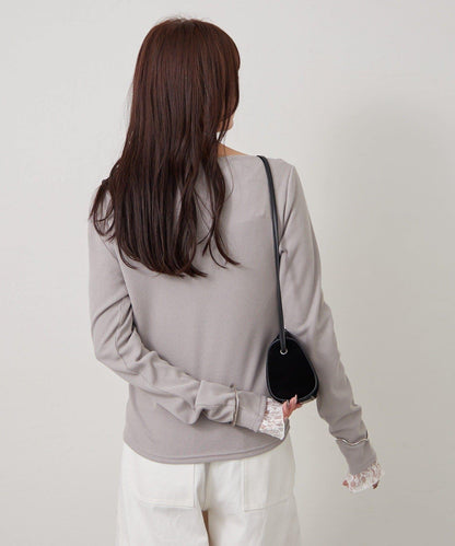 帶吊墜一字肩羅紋長袖T恤