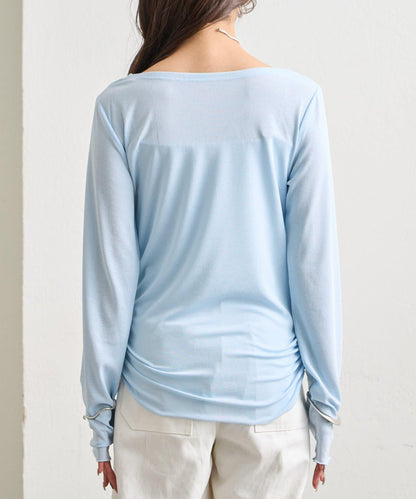 下襬褶皺透視長袖T恤