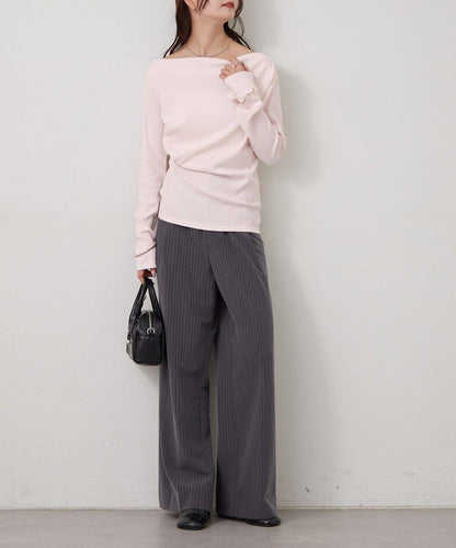 帶吊墜一字肩羅紋長袖T恤