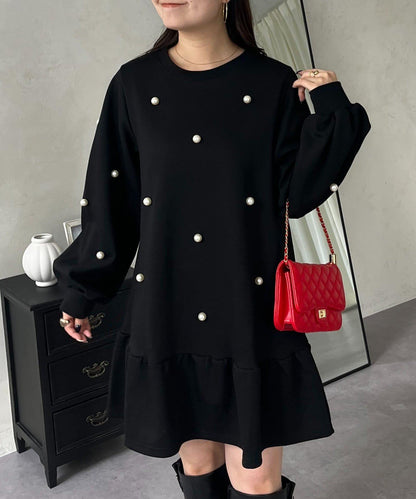 中長款下襬荷葉邊珍珠衛衣