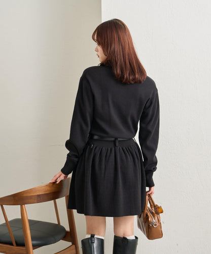 配腰帶針織翻領連衣裙