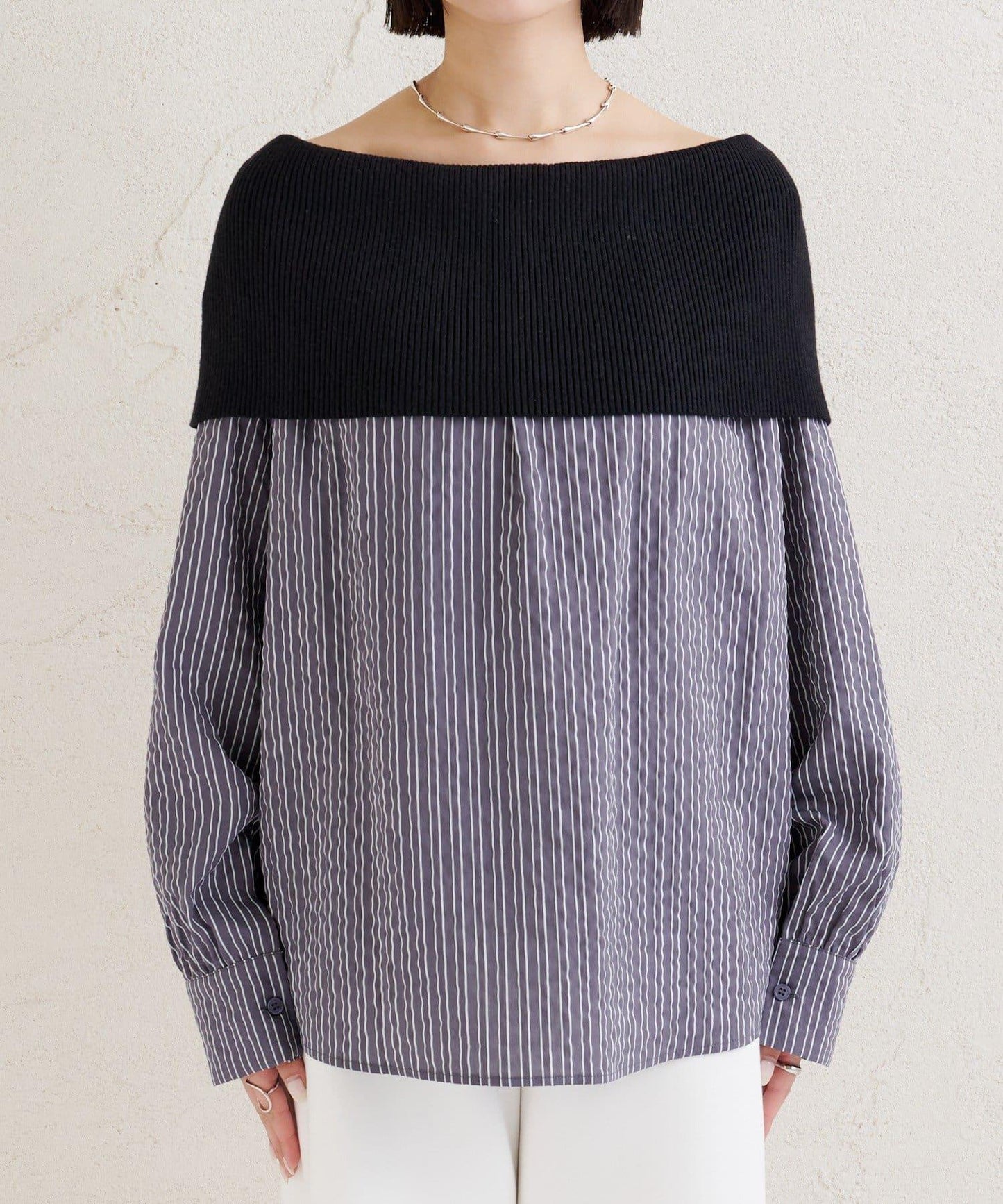 一字肩羅紋條紋襯衫