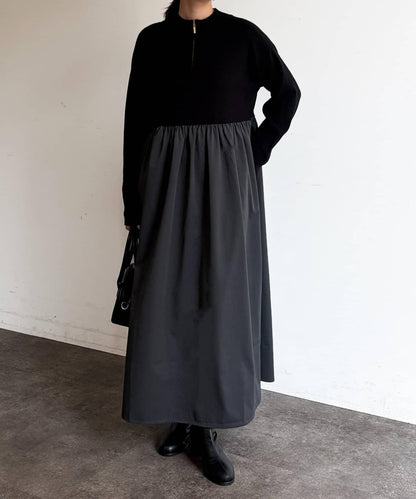 異材質拼接半拉鍊連衣裙