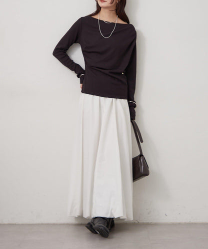 帶吊墜一字肩羅紋長袖T恤