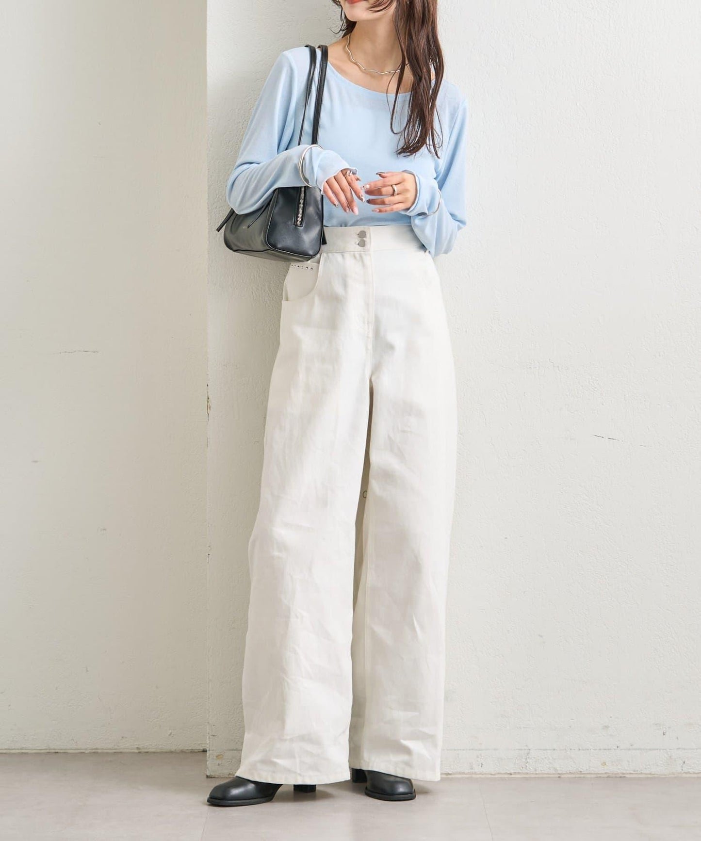 下襬褶皺透視長袖T恤