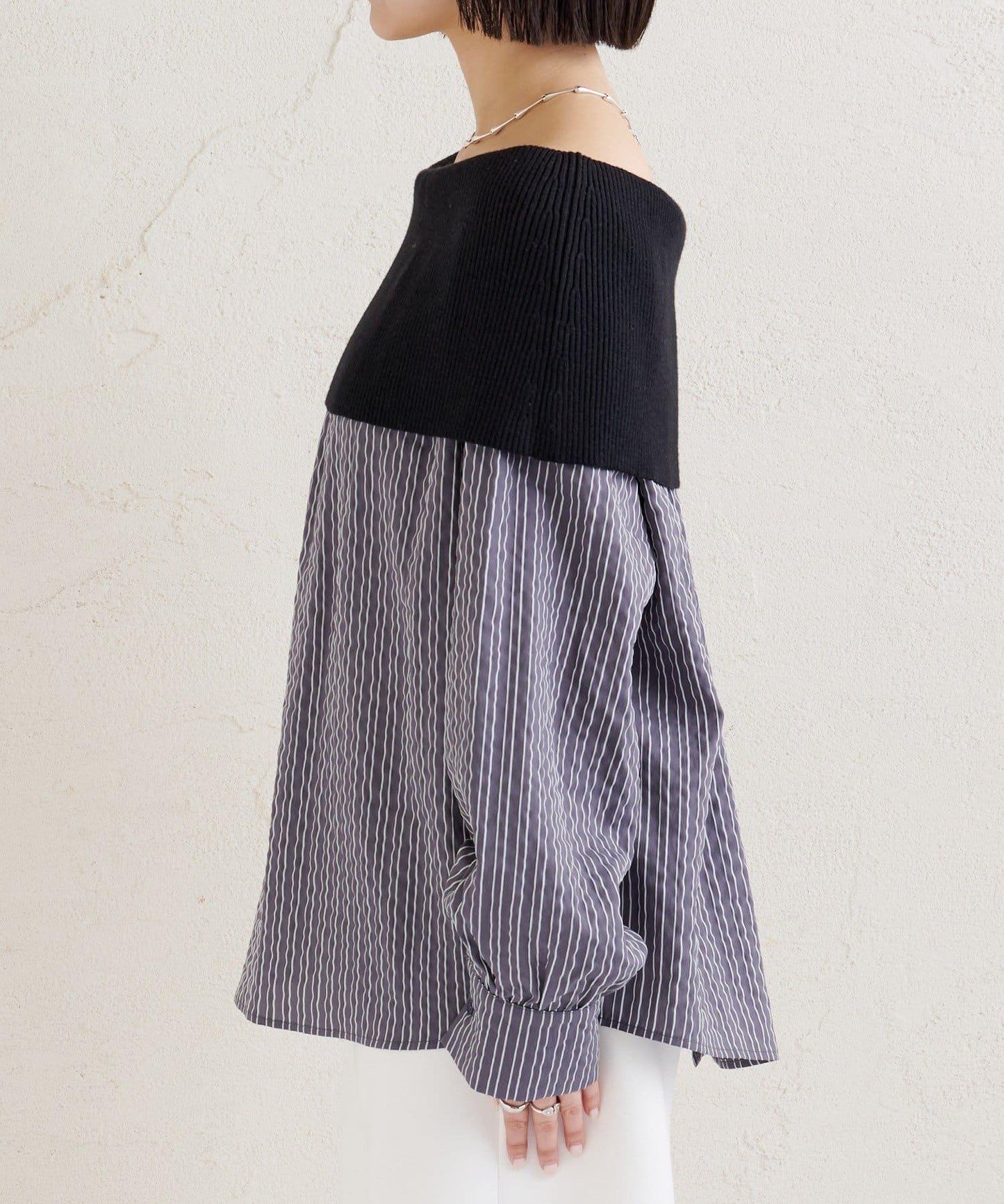 一字肩羅紋條紋襯衫