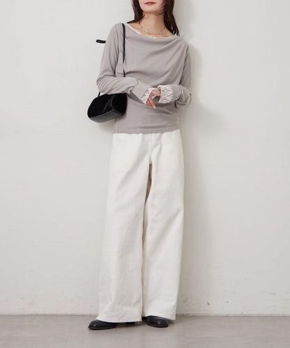 帶吊墜一字肩羅紋長袖T恤