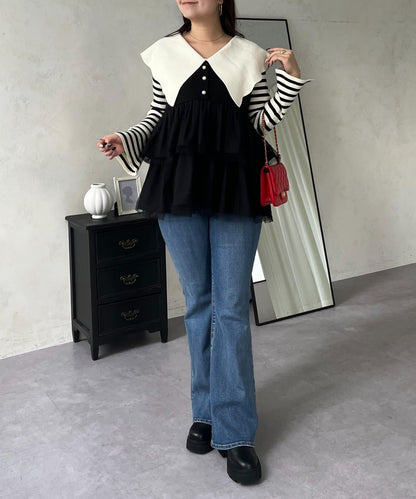 珍珠紐扣網紗荷葉邊V領背心